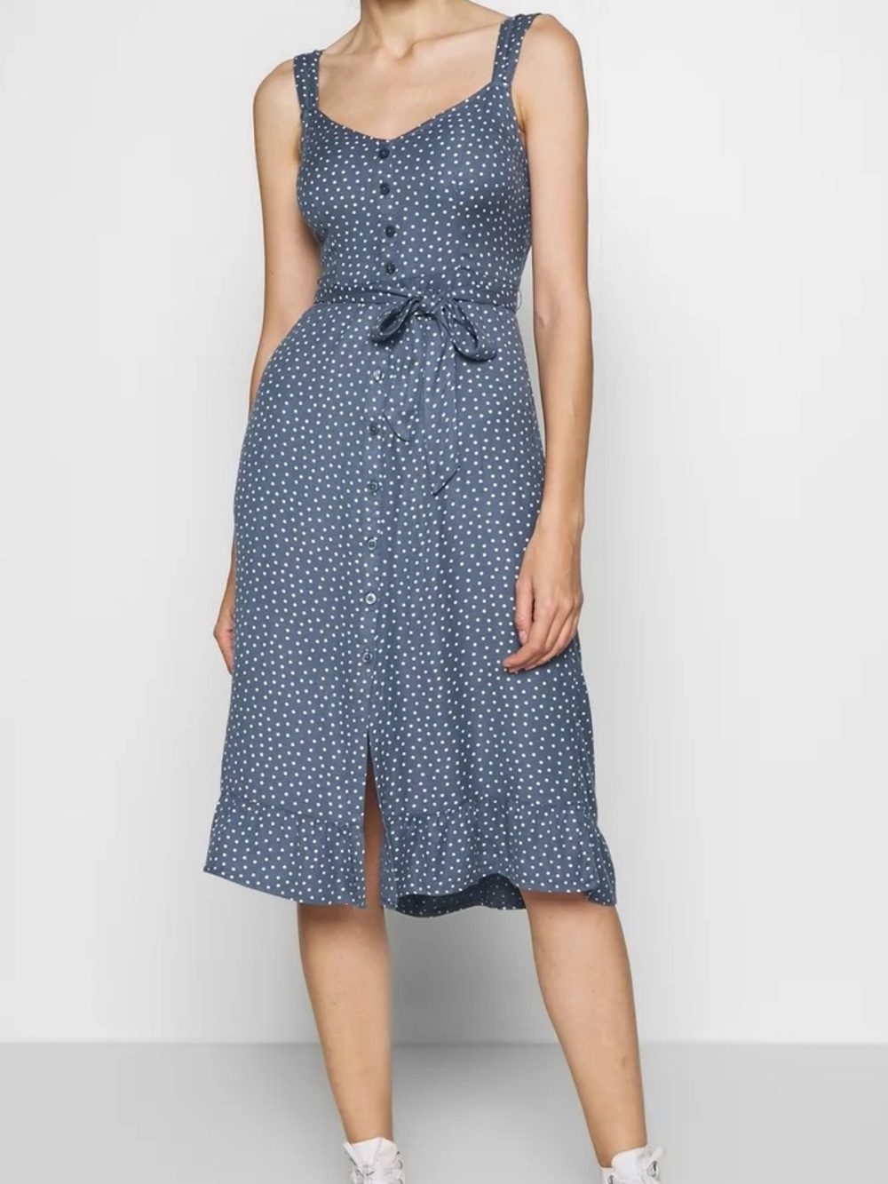 Abercrombie & Fitch Blue White Polka Dot Tie Waist Button Down Midi Dress